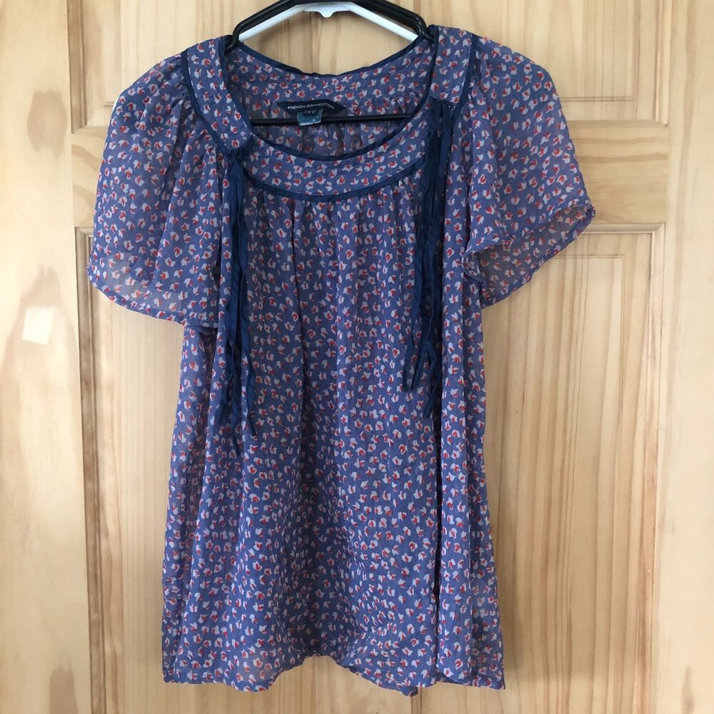 French Connection Sheer Floral Boho Top With Fringe Accents - Sz 8